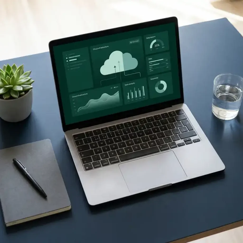Aufnahme aus der Vogelperspektive eines Laptops, auf dessen Bildschirm Dashboards einer Cloud-Infrastruktur zu sehen sind, sowie einer Sukkulente, eines Notizbuchs, eines Stifts und eines Glases Wasser auf einem marineblauen Schreibtisch.