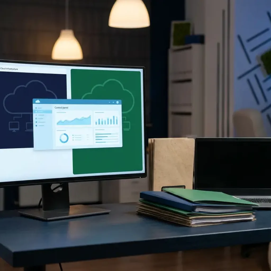 Ein einheitliches Dashboard für die Cloud-Infrastruktur auf einem dunkelblauen Schreibtisch neben gestapelten Finanzordnern, einem Laptop und einer Topfpflanze in Marineblau- und Smaragdgrüntönen.