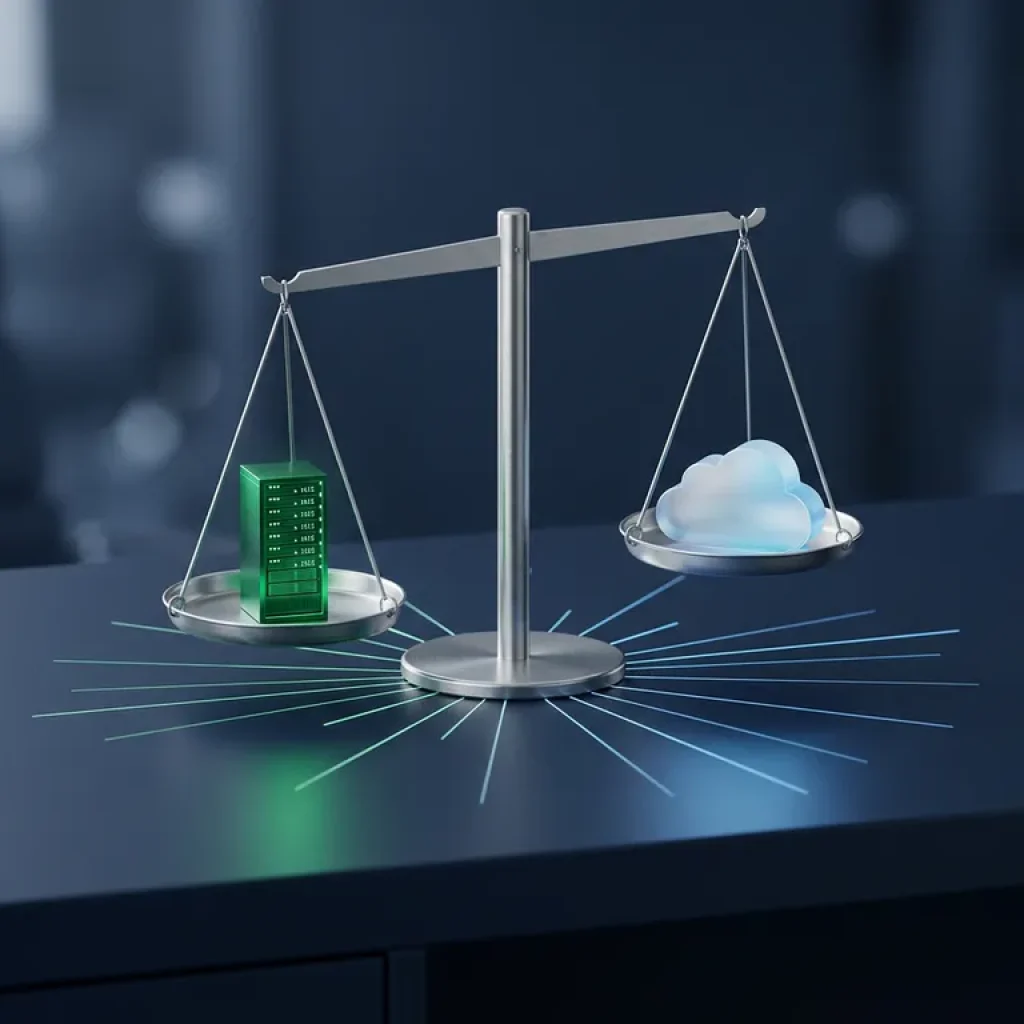 Eine Waage auf einem marineblauen Schreibtisch, auf der ein leuchtendes Serverrack gegen eine Wolke abgewogen wird, als Symbol für den Vergleich zwischen lokaler und Cloud-Infrastruktur.