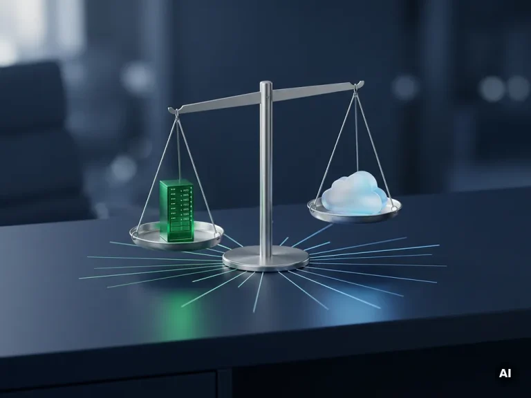 Eine Waage auf einem marineblauen Schreibtisch, auf der ein leuchtendes Serverrack gegen eine Wolke abgewogen wird, als Symbol für den Vergleich zwischen lokaler und Cloud-Infrastruktur.