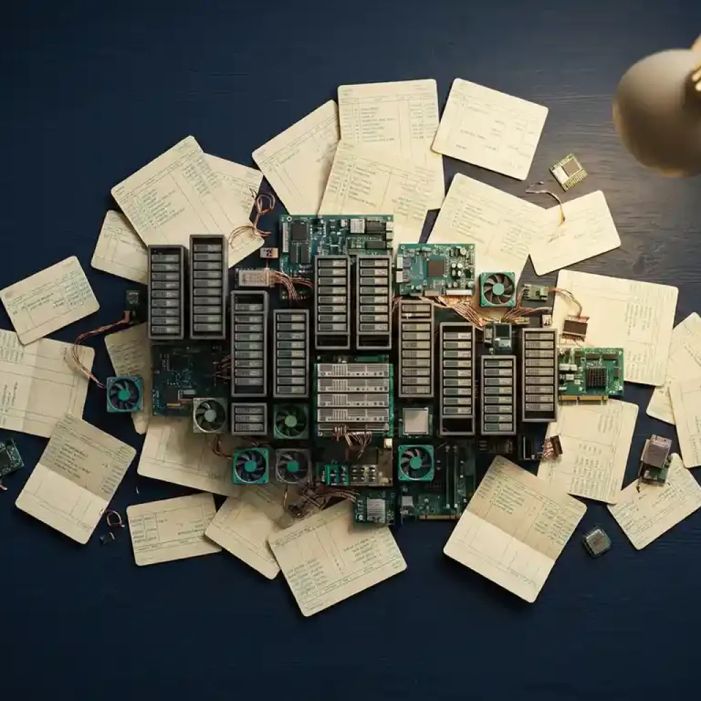 Miniature server components and financial ledger cards arranged in a cloud shape on a navy desk, teal and green accents, overhead flat lay.