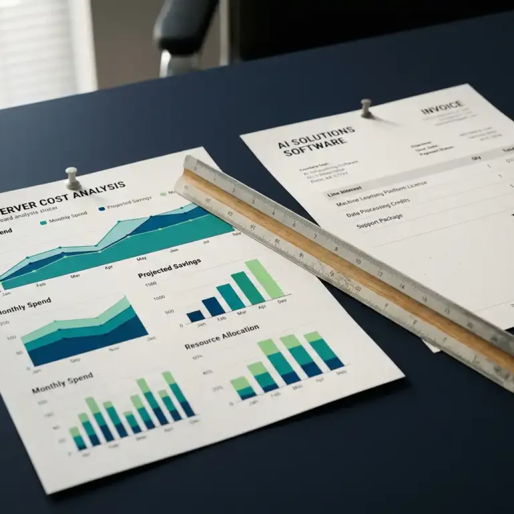 Ein Ausdruck des Finanz-Dashboards mit Diagrammen zu den Cloud-Serverkosten, der neben einer Rechnung für KI-Software auf einem dunkelblauen Schreibtisch liegt, darüber liegt ein Architekturmaßstab.
