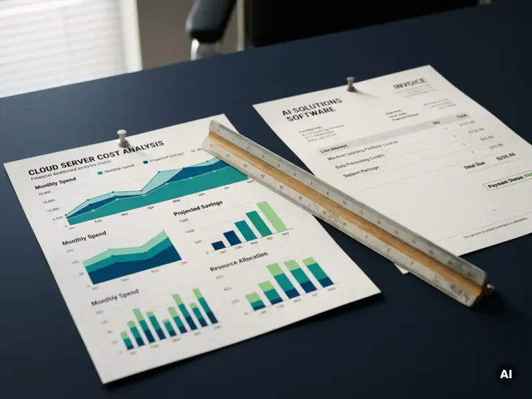 Financial dashboard printout with cloud server cost graphs pinned beside an AI software invoice on a dark navy desk, architectural scale ruler across both.