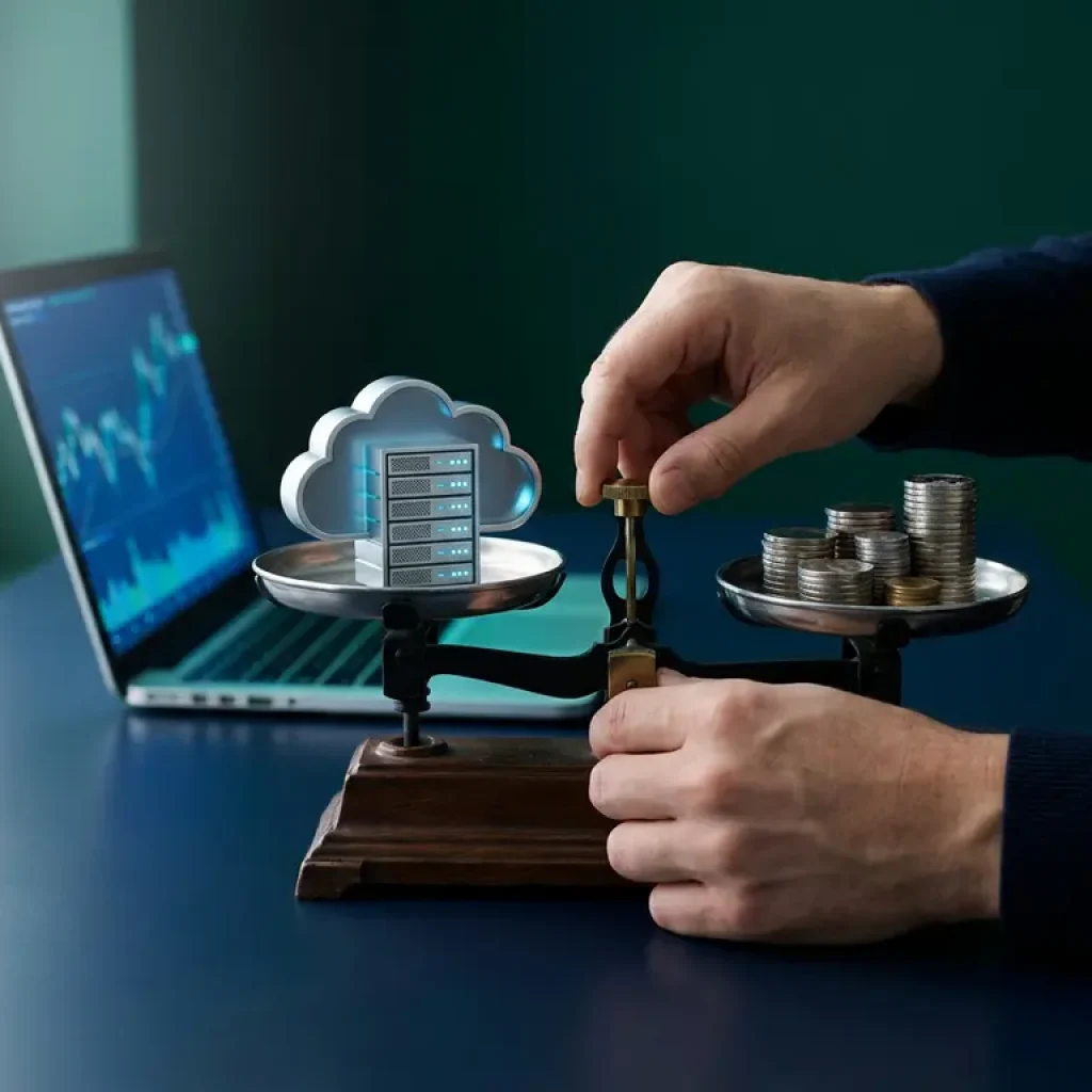 De handen van een analist die een weegschaal in evenwicht houdt met een model van een cloudserver enerzijds en kostentokens anderzijds, terwijl op de achtergrond een laptop oplicht.