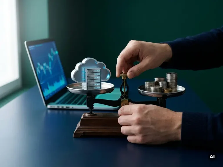 Analyst's hands balancing a scale with a cloud server model against cost tokens, laptop glowing in the background.