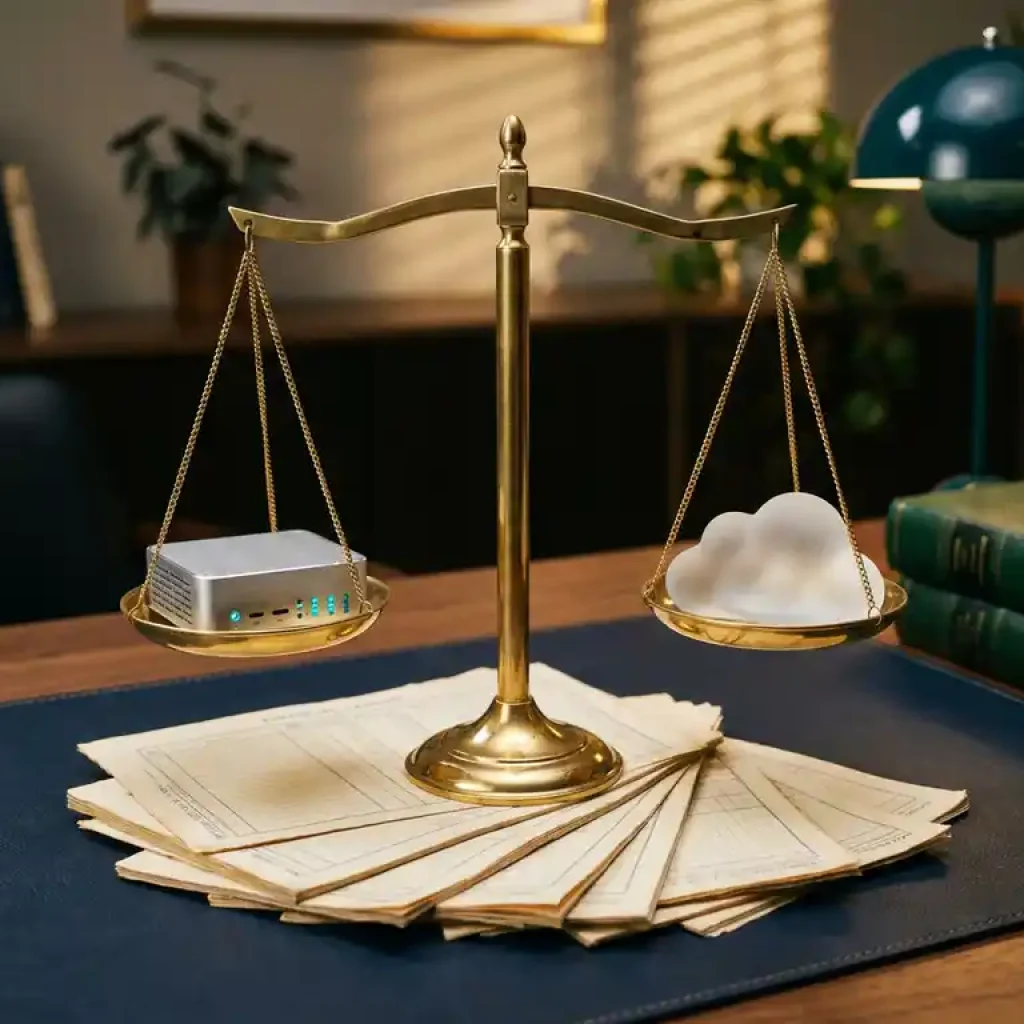 Une balance en laiton servant à peser un serveur contre un objet en verre en forme de nuage, avec des registres comptables en dessous, posée sur un bureau bleu marine foncé.