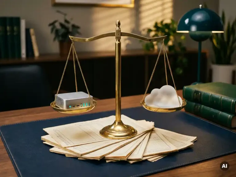 Une balance en laiton servant à peser un serveur contre un objet en verre en forme de nuage, avec des registres comptables en dessous, posée sur un bureau bleu marine foncé.