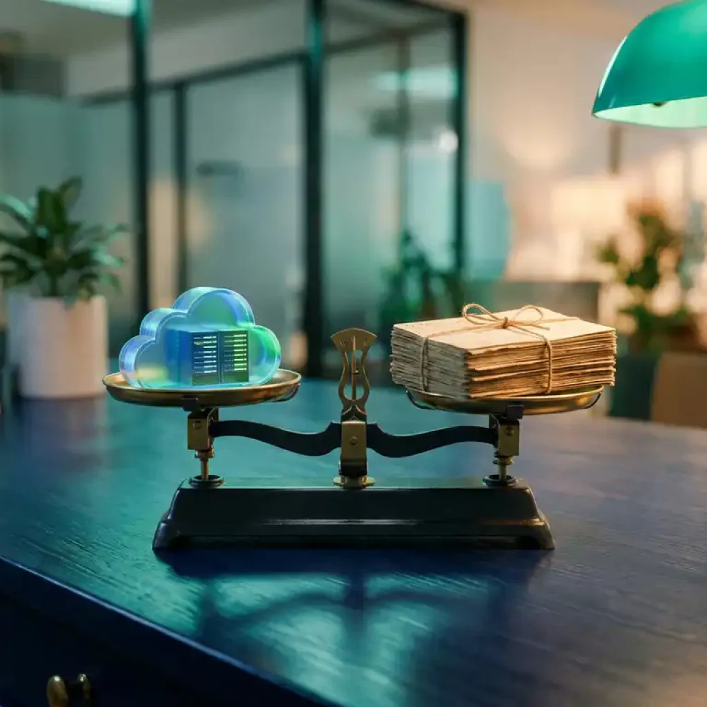 Eine Waage, auf der ein Cloud-Server-Modell gegen Finanzbuchhaltungskarten auf einem marineblauen Schreibtisch abgewogen wird, veranschaulicht das Kostenmanagement in der Cloud.