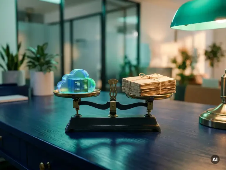 Balance scale weighing a cloud server model against financial ledger cards on a navy desk, illustrating cloud cost management.