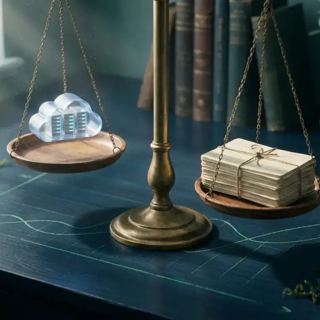 Eine Waage, auf der ein leuchtendes Cloud-Server-Modell gegen gestapelte Buchhaltungskarten auf einem marineblauen Schreibtisch mit grünen Wachstumskurven abgewogen wird.