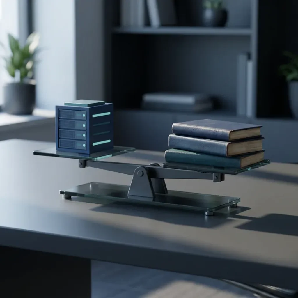 Eine digitale Waage, auf der ein Miniatur-Cloud-Server gegen Finanzbücher abgewogen wird, veranschaulicht die Kompromisse beim Kostenmanagement in der Cloud.