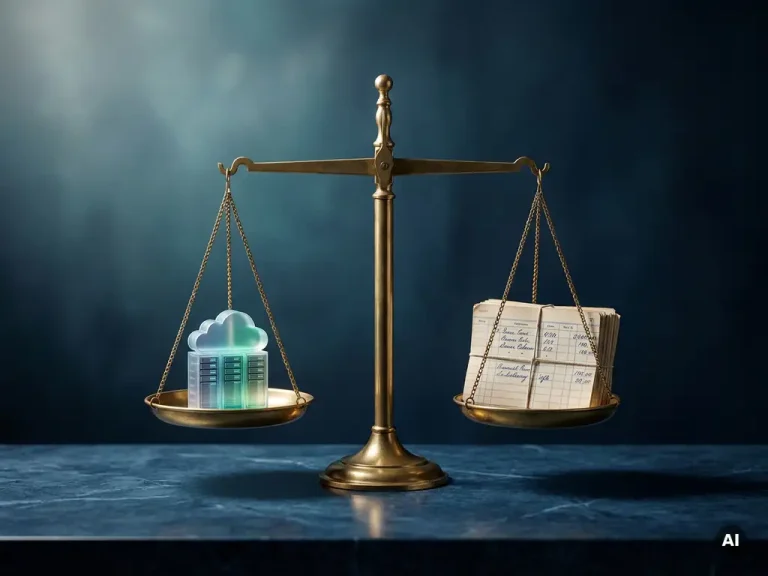 Brass balance scale weighing a glowing cloud server model against financial ledger cards on a dark-blue surface.