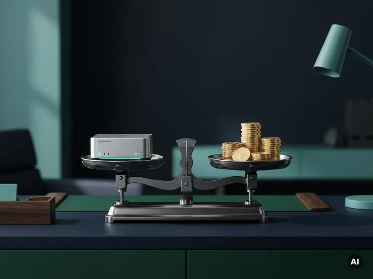 Analytical balance scale weighing a cloud server against stacked gold coins, symbolizing cloud computing cost analysis.