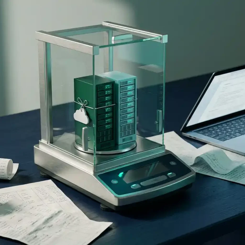 Eine analytische Stahlwaage, auf der zwei Server-Rack-Modelle – eines davon mit einem Cloud-Symbol gekennzeichnet – neben Seiten aus einem Finanzbuch und einem Laptop auf einem marineblauen Schreibtisch ausbalanciert sind.