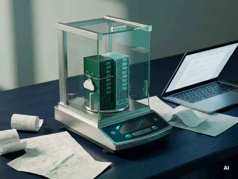 Analytical steel scale balancing two server rack models, one tagged with a cloud symbol, beside financial ledger pages and a laptop on a navy desk.