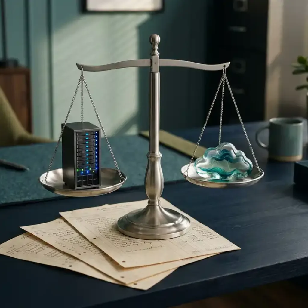 Eine silberne Waage, auf der ein physischer Server und eine Cloud-Skulptur aus Glas gegeneinander abgewogen werden, über Unterlagen aus dem Finanzbuchhaltungsbereich auf einem dunkelblauen Schreibtisch.
