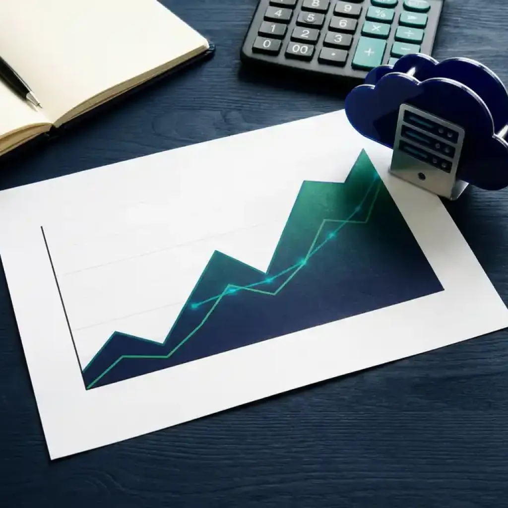 Financial dashboard printout with rising cost curve graph beside a cloud server model, calculator, and notebook on a navy desk.
