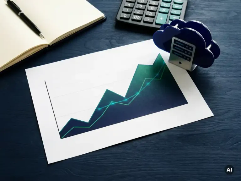 Financial dashboard printout with rising cost curve graph beside a cloud server model, calculator, and notebook on a navy desk.