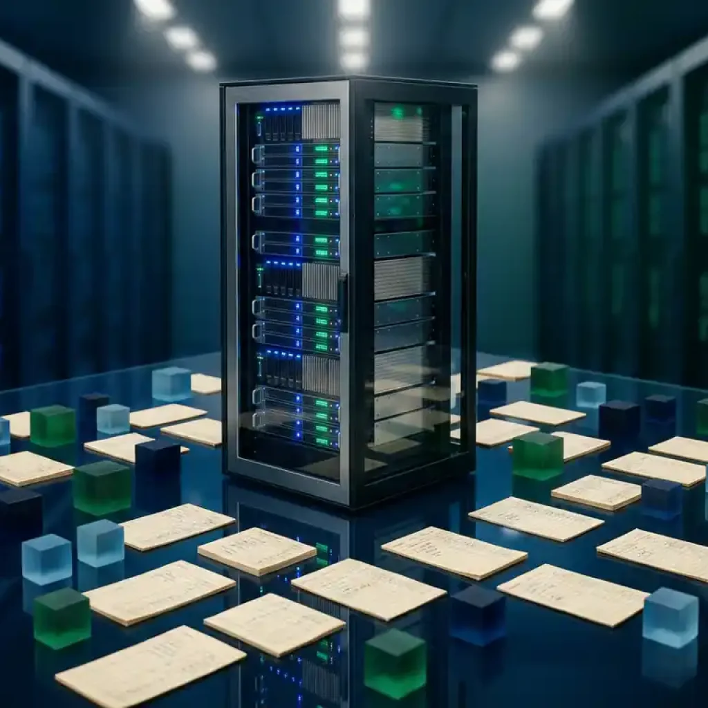 Ein Cloud-Server-Rack, das sich in einer polierten dunkelblauen Oberfläche spiegelt, umgeben von winzigen Buchhaltungskarten und Kosten-Einheiten-Blöcken in einem modernen Rechenzentrum.