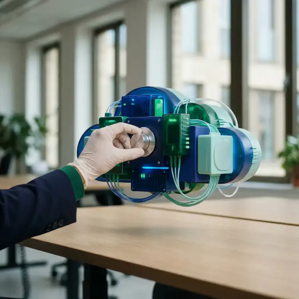 Professional hand fine-tuning a precision dial beside a cloud-shaped server node cluster on a modern desk in a Utrecht office.