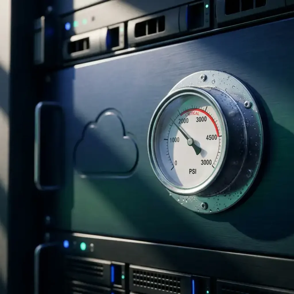 Digitales Manometer auf einem Server-Rack, dessen Zeiger auf einem kritischen Schwellenwert steht, Kondenswasser auf gebürstetem Metall, Farbtöne in Marineblau und Petrol.