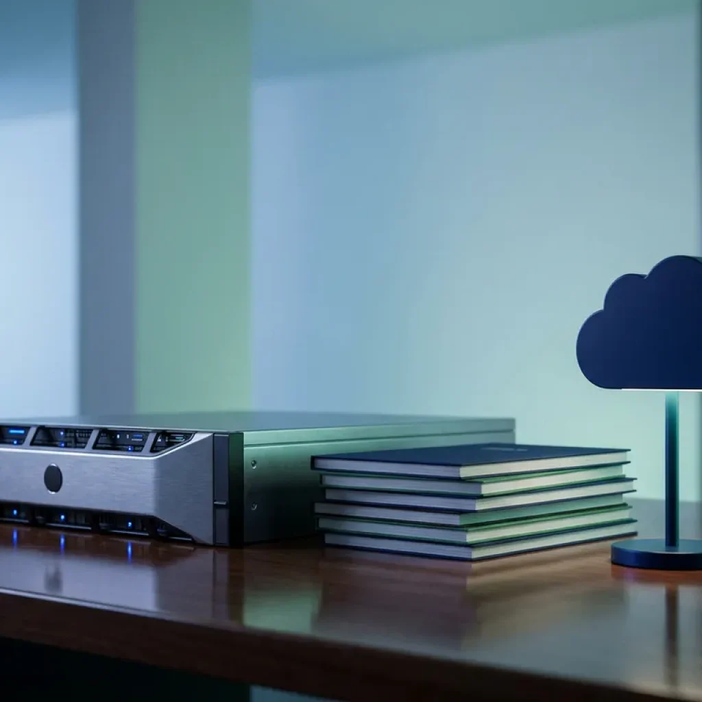 Ein Server-Rack, das sich in einer polierten, dunklen Oberfläche spiegelt, neben minimalistischen Kostenbüchern und einem leuchtenden Wolkensymbol in einem kühl beleuchteten Unternehmensarbeitsbereich.
