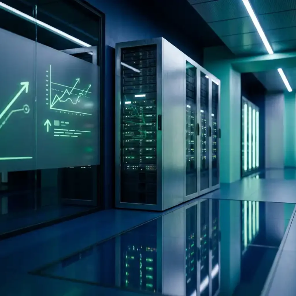 Ein silbernes Server-Rack, das sich in einer polierten dunkelblauen Oberfläche spiegelt, während sich auf einer Milchglasscheibe in einem modernen Rechenzentrum grüne Finanzdiagramme abzeichnen.