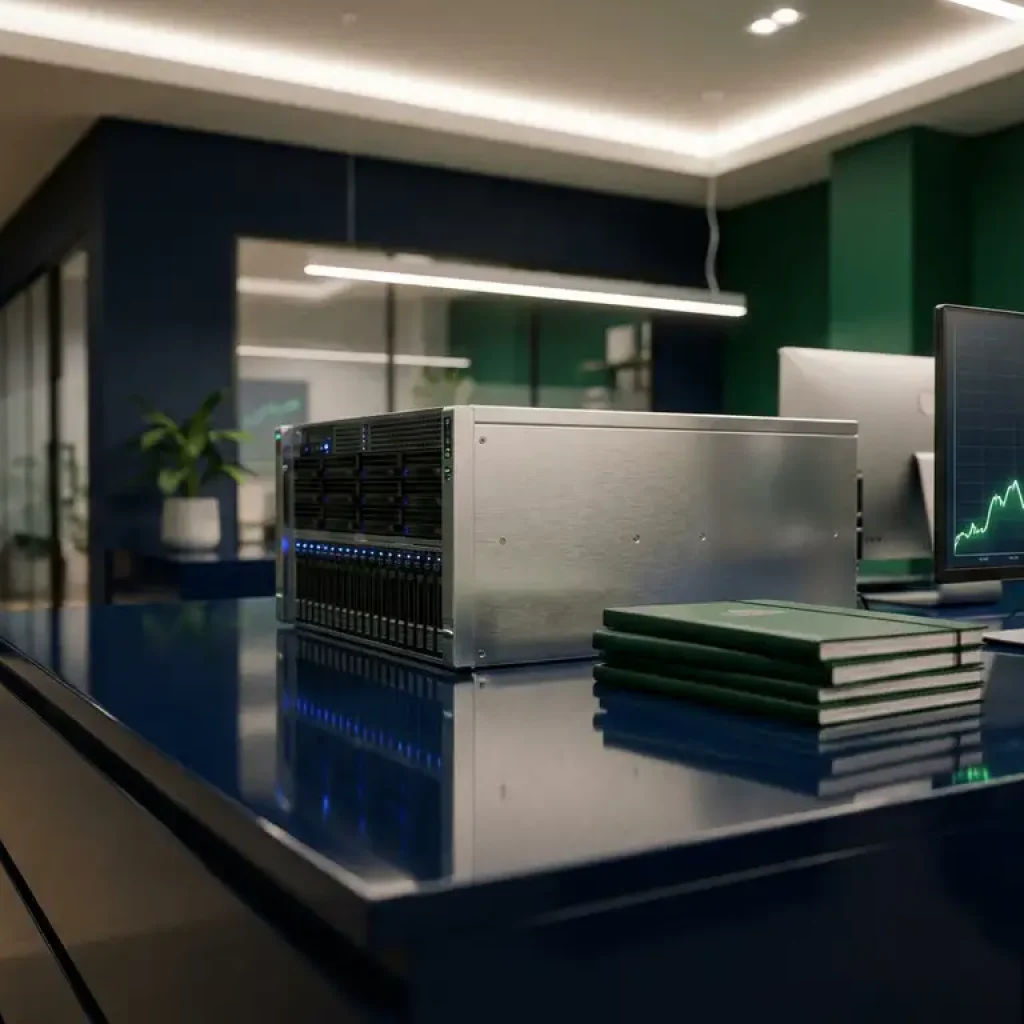 Ein silbernes Cloud-Server-Rack, das sich auf einer dunklen Oberfläche neben Finanzbüchern und einer leuchtend grünen Datengrafik in einem modernen IT-Beratungsbüro spiegelt.