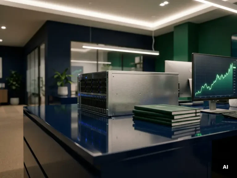 Silver cloud server rack reflected on a dark surface beside financial ledgers and a glowing green data graph in a modern IT consulting office.