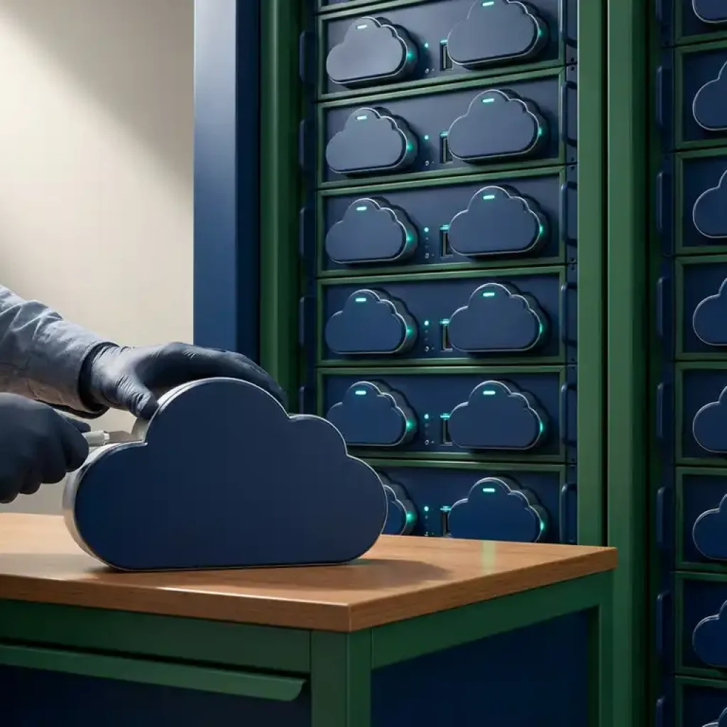 Ein Server-Rack mit einheitlichen, wolkenförmigen Modulen, die in präzise Aussparungen eingepasst sind, wobei ein übergroßes Modul auf einem marineblauen und waldgrünen Schreibtisch auf die richtige Größe zugeschnitten wird.