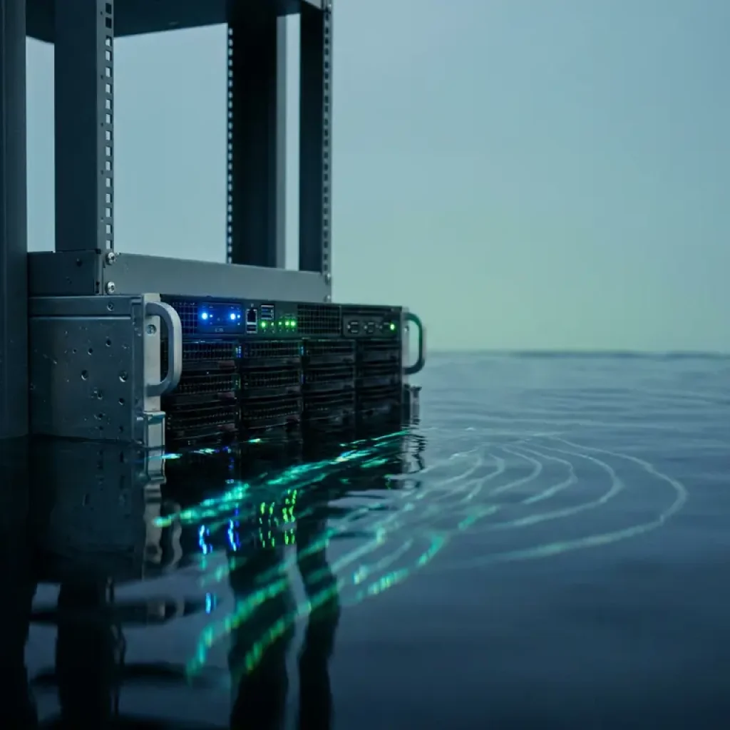 Ein Server-Rack, das teilweise in dunklem Wasser versunken ist und auf seiner metallischen Oberfläche türkisfarbenes und grünes Licht reflektiert; Aufnahme aus niedriger Perspektive.