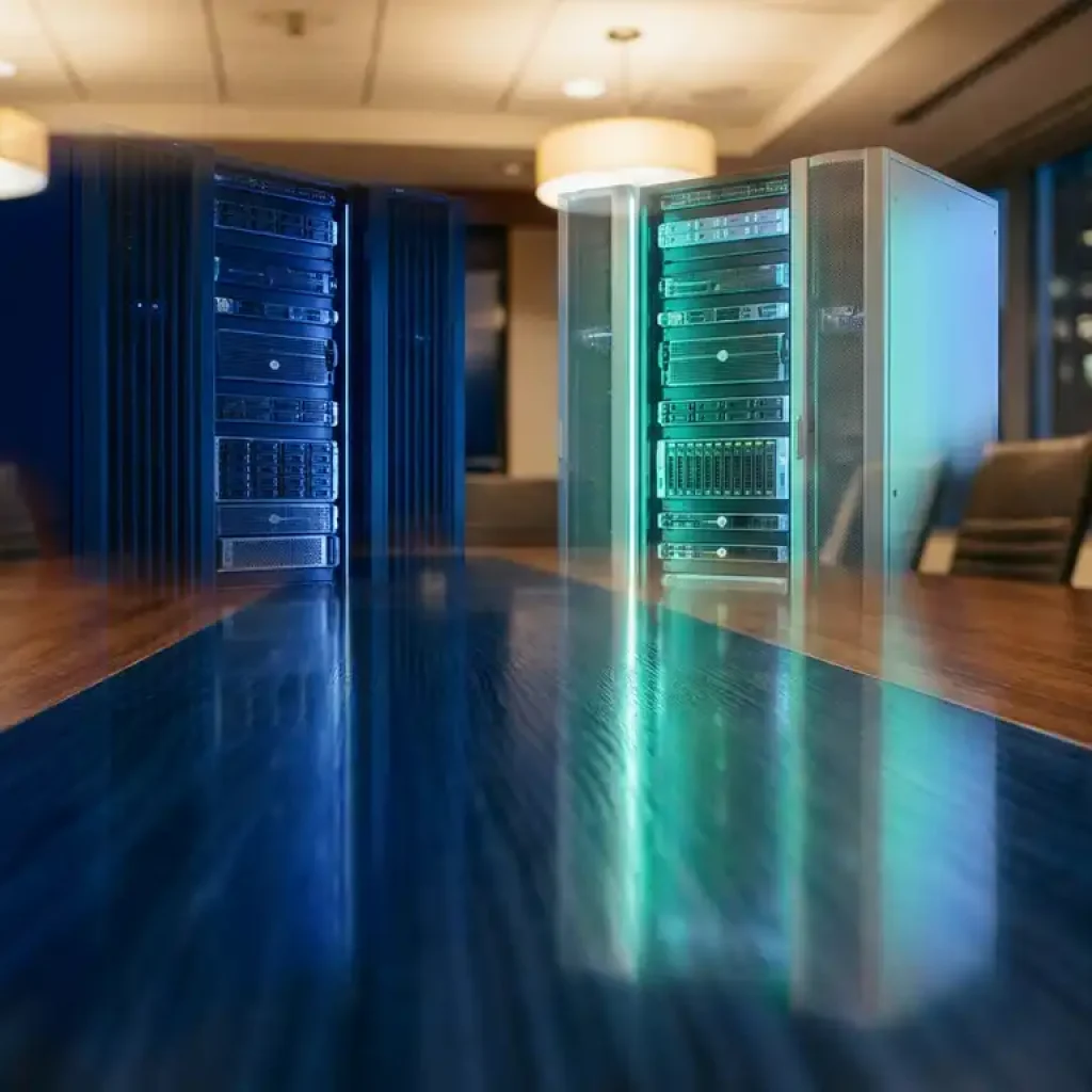 Cloud-Server-Racks, die sich in einem polierten, dunkelblauen Konferenztisch spiegeln, beleuchtet in Marineblau- und Blaugrüntönen, die für zurückhaltende und flexible Cloud-Preise stehen.