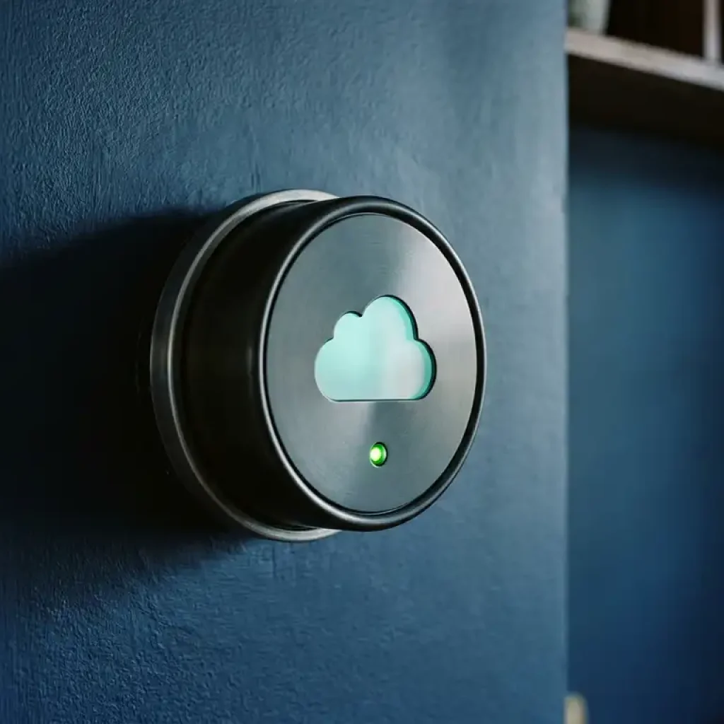 Utility meter on dark navy wall with cloud-shaped cutout revealing soft teal light and a steady green LED indicator below.