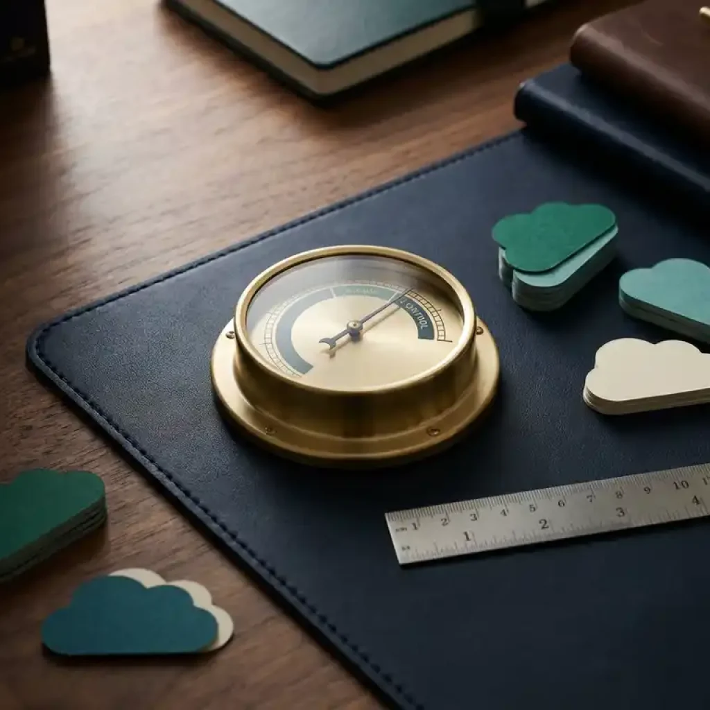 Brass gauge dial on a navy desk surrounded by cloud-shaped paper tokens and a ruler, representing measured financial control.
