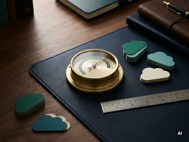 Brass gauge dial on a navy desk surrounded by cloud-shaped paper tokens and a ruler, representing measured financial control.