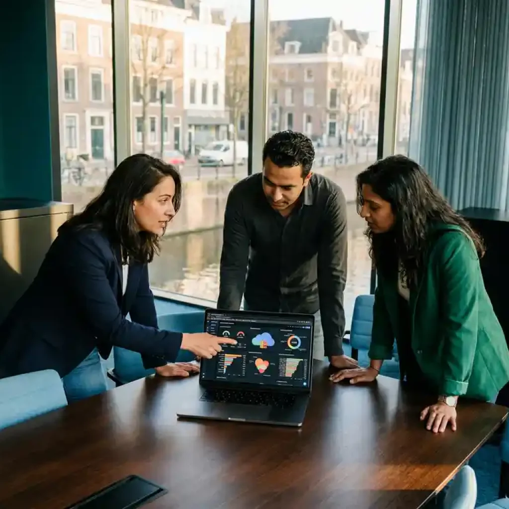 Drei Fachleute sitzen gemeinsam am Konferenztisch und sehen sich in einem modernen Büro in Utrecht auf einem Laptop Dashboards zu den Cloud-Ausgaben an.