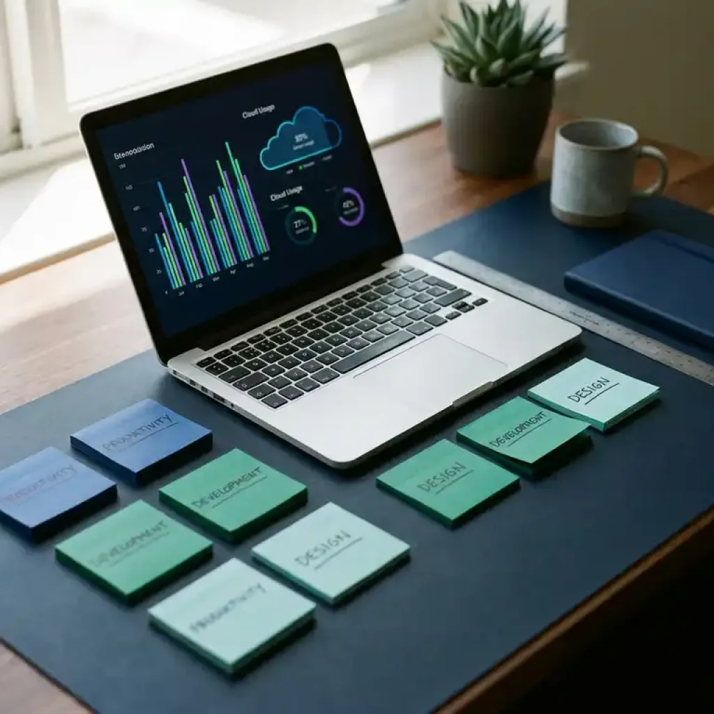 Moderner Schreibtisch mit offenem Laptop, auf dem bunte Balkendiagramme und Grafiken zur Cloud-Nutzung zu sehen sind, umgeben von Haufen von Haftnotizen, einem Lineal und einem Notizbuch bei natürlichem Tageslicht.
