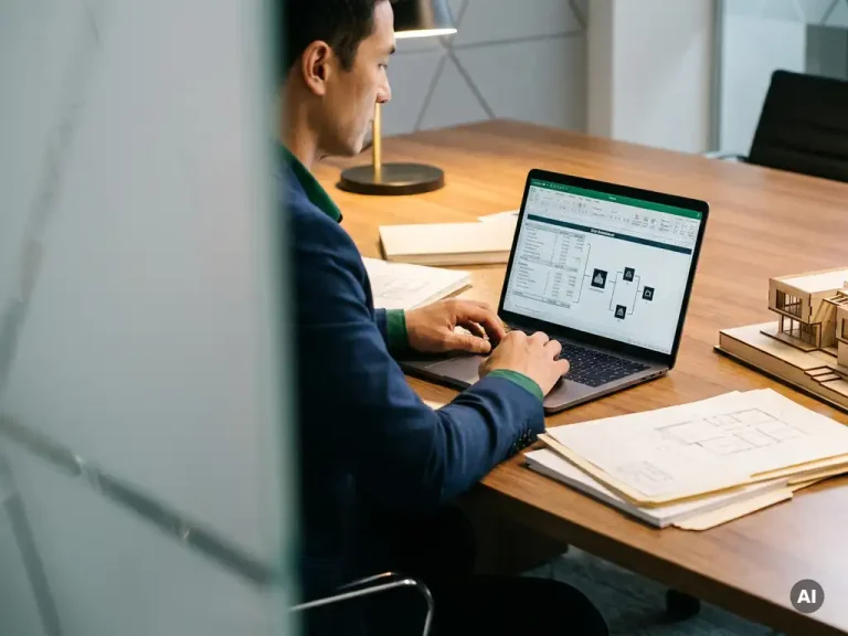 Business professional reviewing cost breakdown on laptop beside architectural scale model and financial planning documents on conference table.