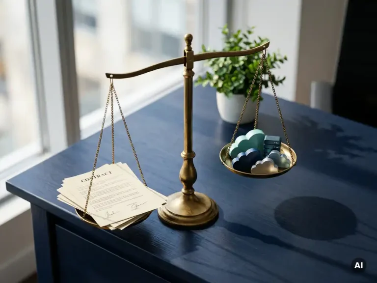 Brass balance scales weighing signed contracts against miniature cloud servers on a dark navy desk in soft natural light.