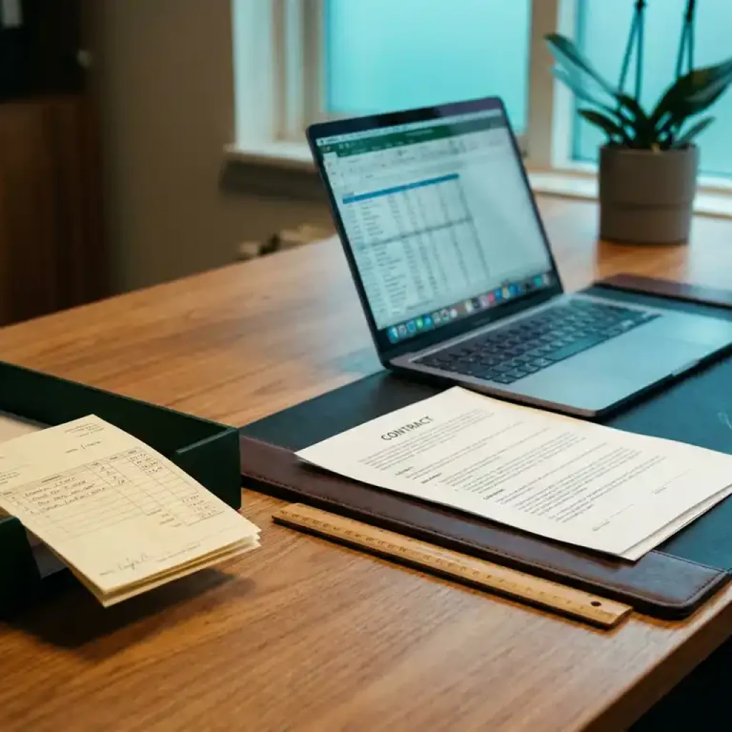 Bürotisch mit Vertragsunterlagen, Laptop und Rechnungen mit Kostenposten neben einem Maßband, das über eine Begrenzungslinie hinausragt.