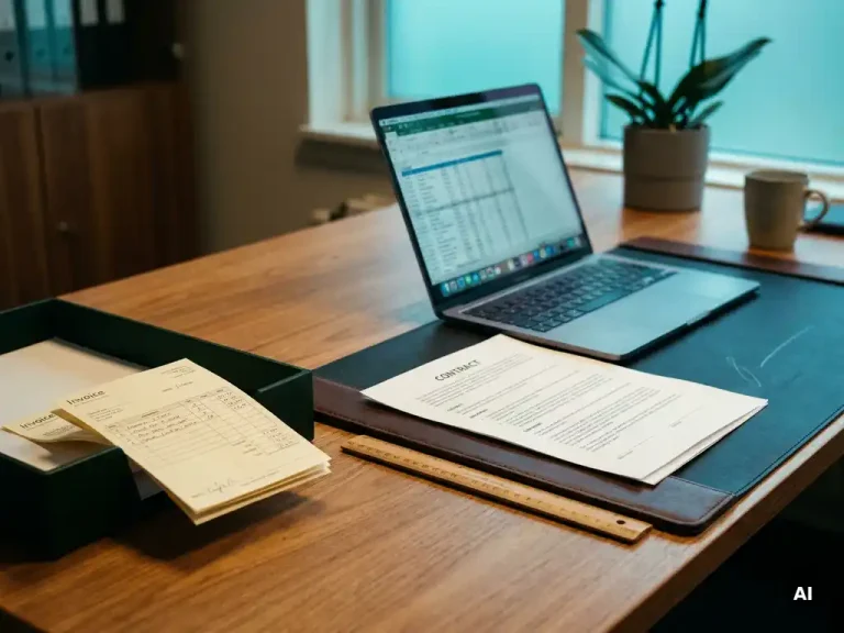 Bürotisch mit Vertragsunterlagen, Laptop und Rechnungen mit Kostenposten neben einem Maßband, das über eine Begrenzungslinie hinausragt.