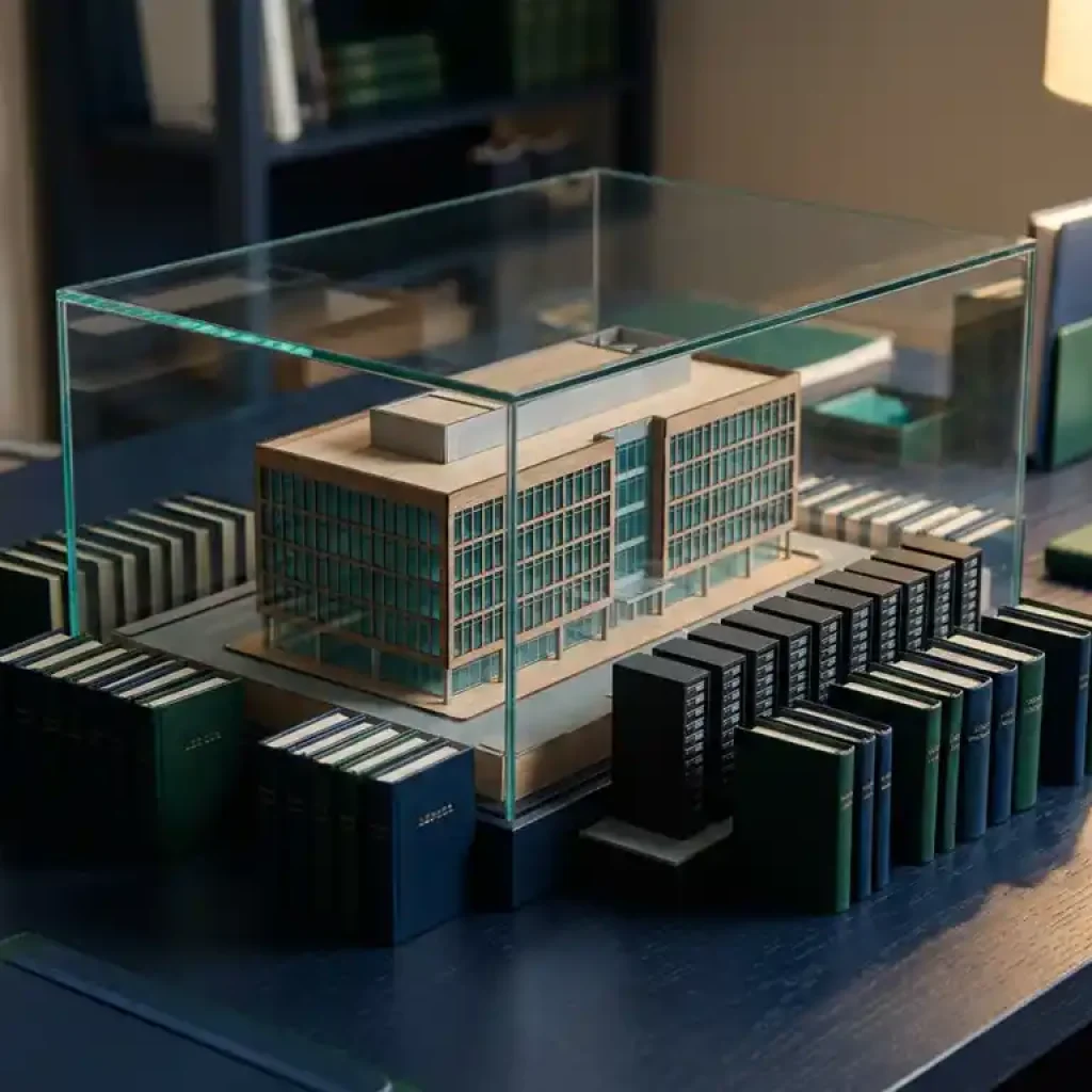 Architekturmodell eines Firmengebäudes in einer Glasvitrine, flankiert von Miniatur-Hauptbüchern und Server-Racks auf einem marineblauen Schreibtisch.