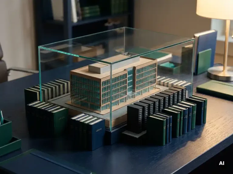 Architectural scale model of a corporate building in a glass enclosure, flanked by miniature ledger books and server racks on a navy desk.