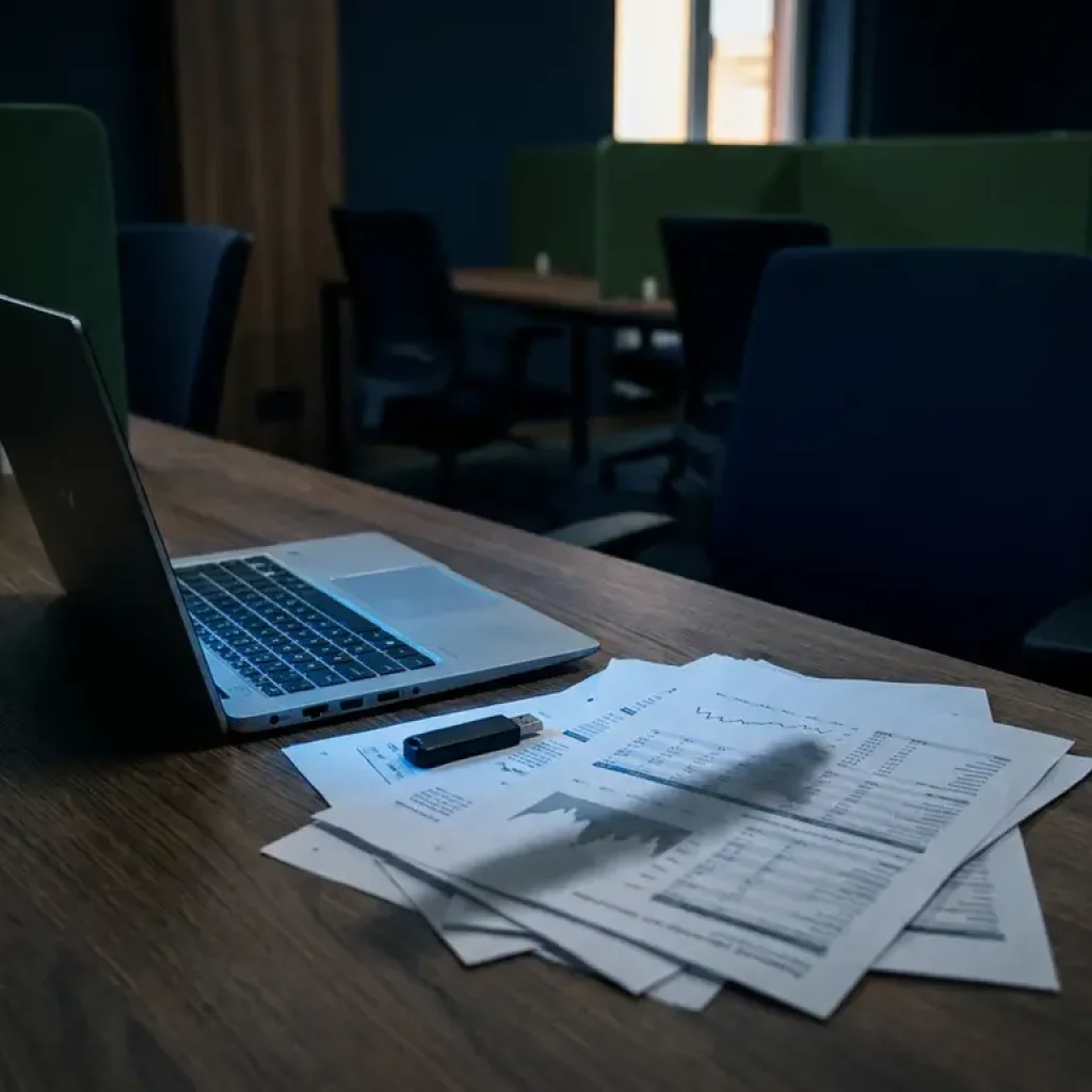 Open corporate laptop glowing blue in a dim office, with an unsecured USB drive and untagged financial spreadsheet printouts on a dark oak desk.
