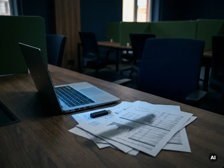 Een opengeklapte bedrijfslaptop die blauw oplicht in een schemerig kantoor, met een onbeveiligde USB-stick en ongemarkeerde afdrukken van financiële spreadsheets op een donker eikenhouten bureau.