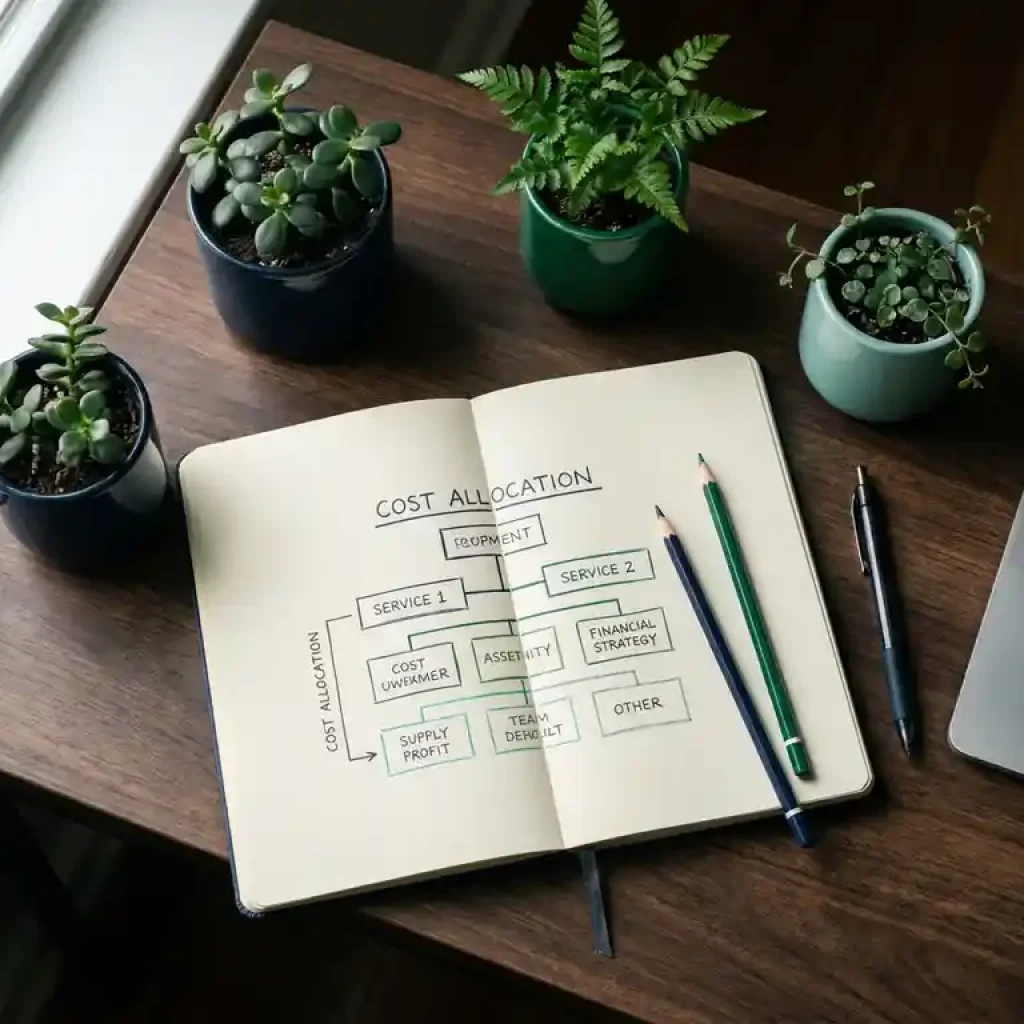 Overhead flat-lay of a modern desk with an open notebook showing a cost allocation diagram, three small potted plants, and a laptop edge visible.