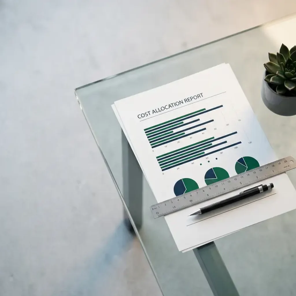 Cost allocation report with bar charts in dark blue and green, ruler and mechanical pencil resting on it, small succulent beside it.
