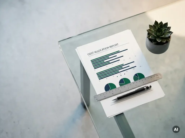 Cost allocation report with bar charts in dark blue and green, ruler and mechanical pencil resting on it, small succulent beside it.