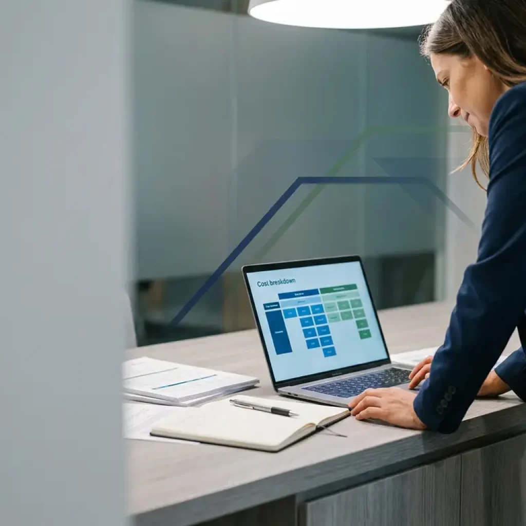 Ein Geschäftsmann, der an einem Schreibtisch im Büro, umgeben von Finanzunterlagen, auf einem Laptop ein Rahmenkonzept zur Kostenaufschlüsselung prüft.