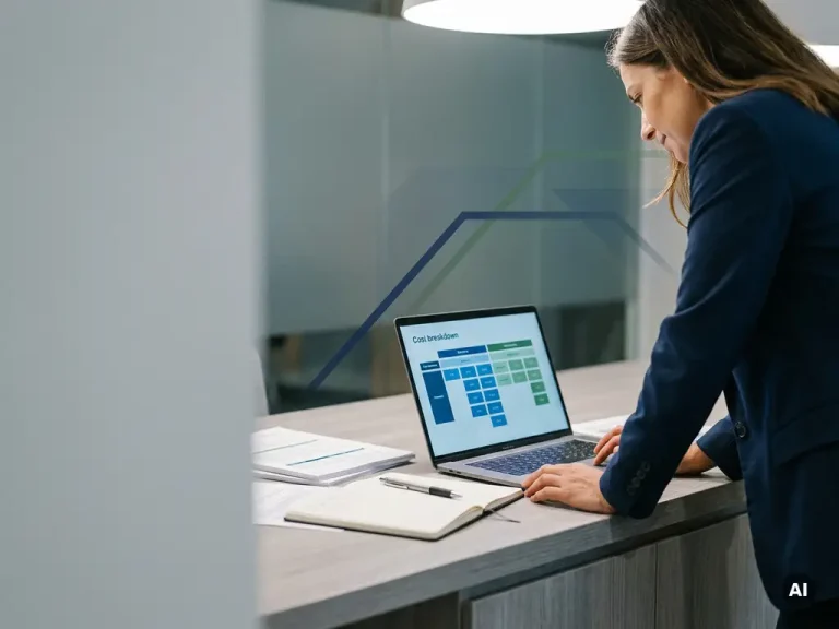 Ein Geschäftsmann, der an einem Schreibtisch im Büro, umgeben von Finanzunterlagen, auf einem Laptop ein Rahmenkonzept zur Kostenaufschlüsselung prüft.